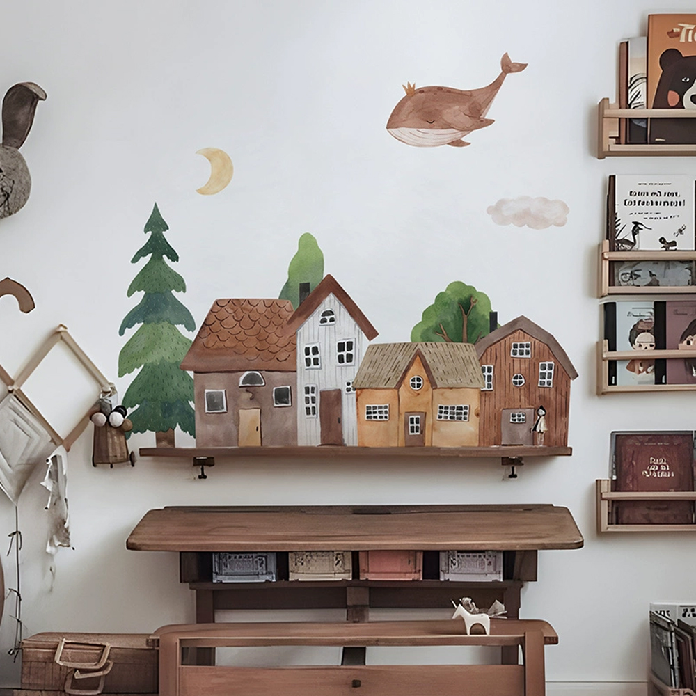 Home Textile - Kumaş karikatür orman eski şehir duvar
